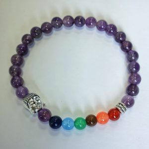 B9. Amethyst With Chakras and Buddha Silver Plated Elasticated Bracelet (1 piece)