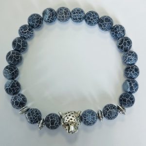 G6. Crackle Agate Matte Cheetah Silver Plated Elasticated Bracelet (1 piece)