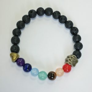 H1. Lava With Chakra Beads and Paw Print Antique Brass Plated Elasticated Bracelet (1 piece)