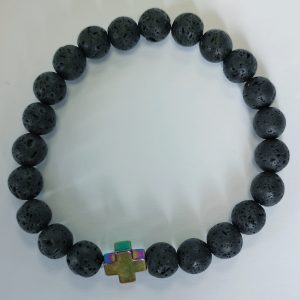 H1. Lava With Rainbow Hematite Cross Elasticated Bracelet (1 piece)