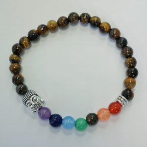 E7. Tiger's Eye With Chakras and Buddha Silver Plated Elasticated Bracelet (1 piece)